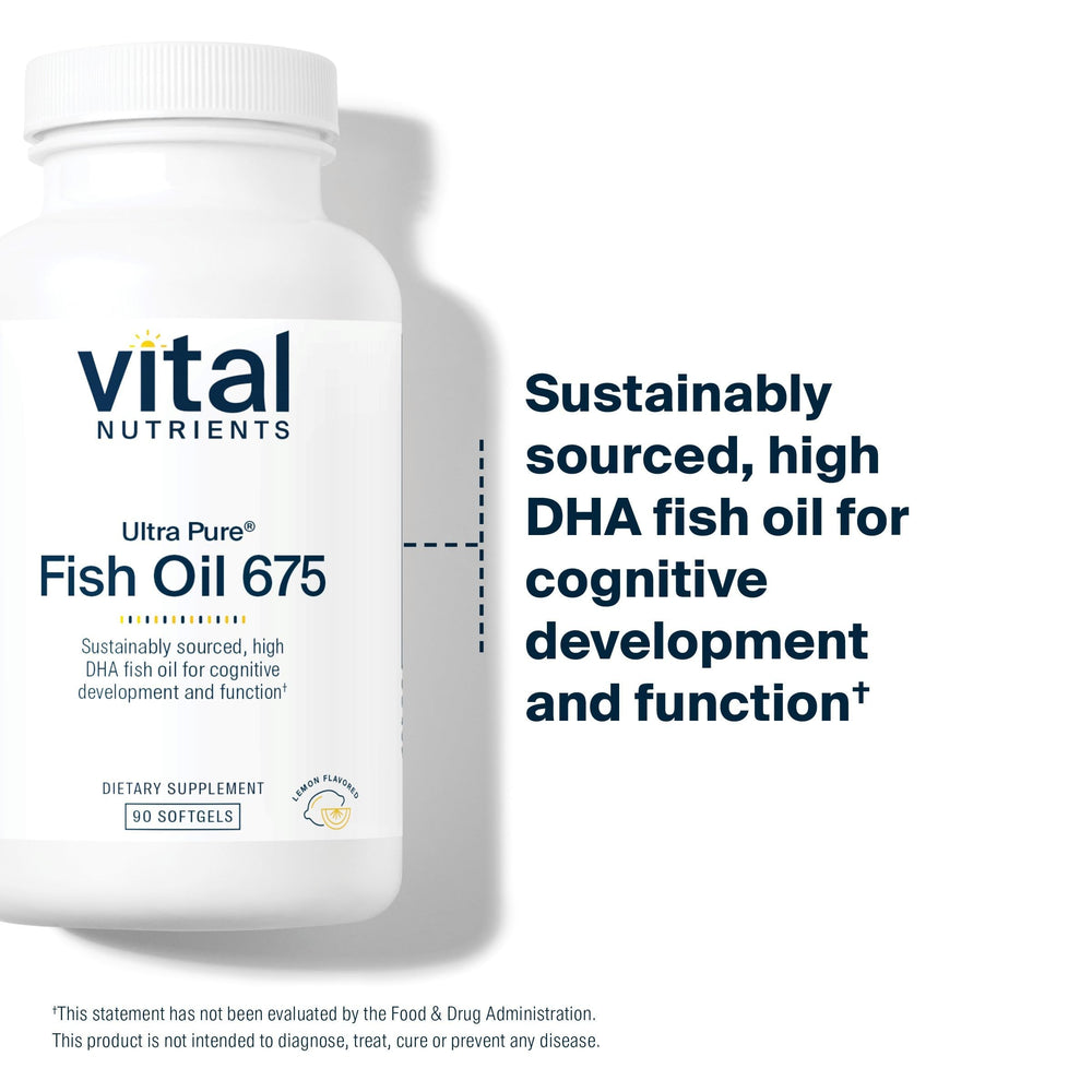 Vital Nutrients Ultra Pure Fish Oil 675 lemon-flavored softgels on display