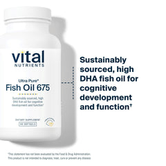 Vital Nutrients Ultra Pure Fish Oil 675 lemon-flavored softgels on display