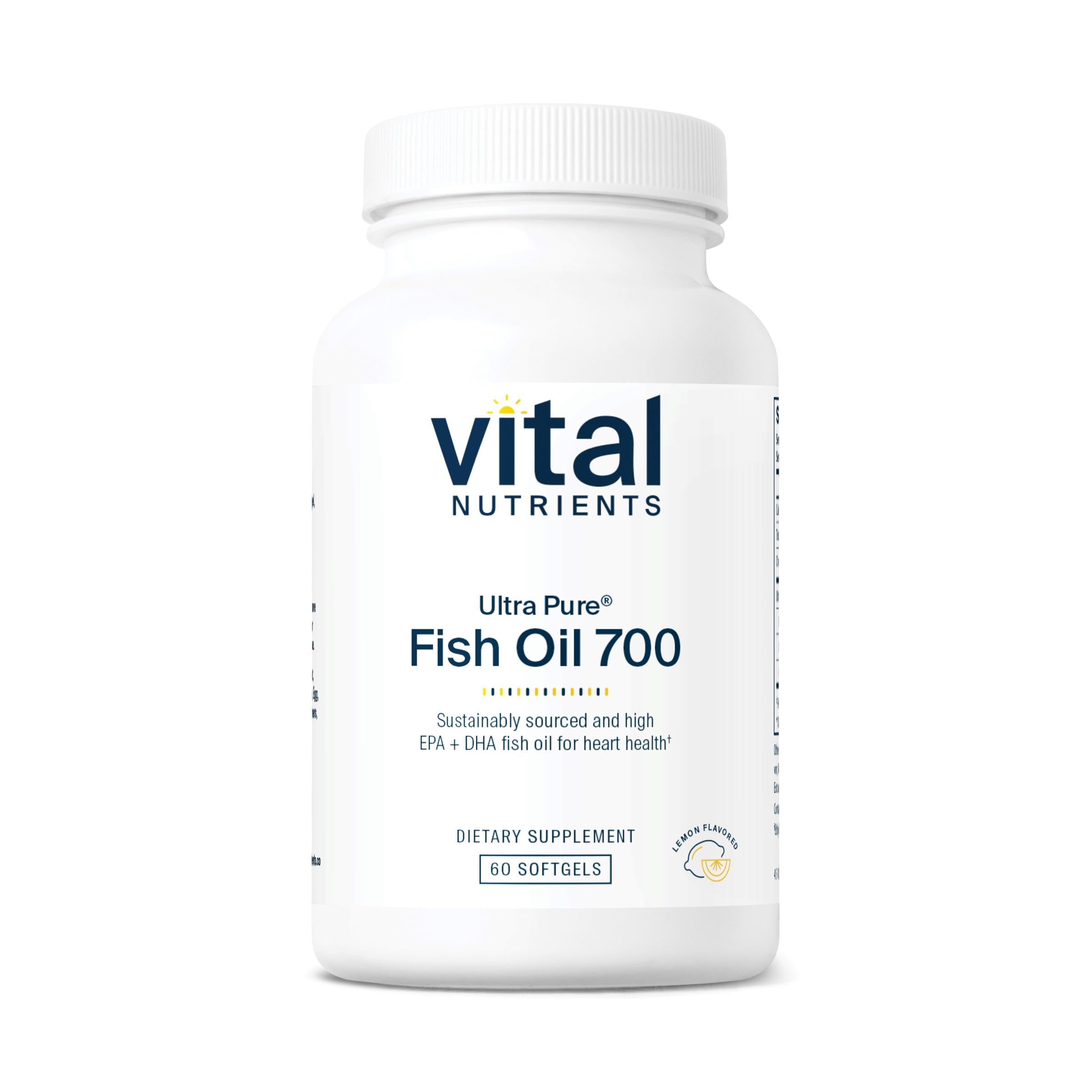 Vital Nutrients Ultra Pure Fish Oil 700 bottle with lemon flavor for heart and brain support.