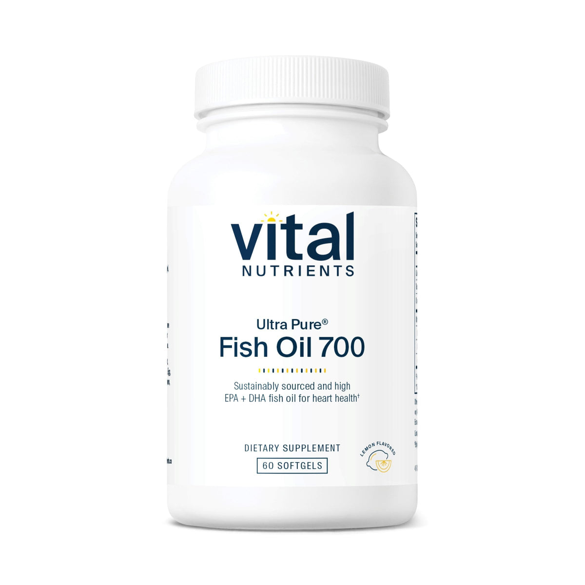 Vital Nutrients Ultra Pure Fish Oil 700 bottle with lemon flavor for heart and brain support.
