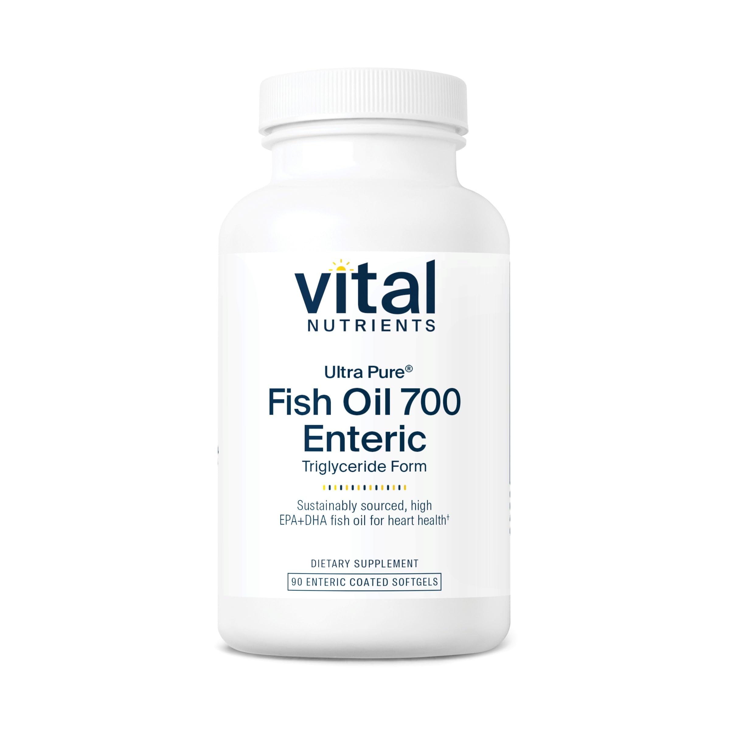 Vital Nutrients Ultra Pure Fish Oil 700 enteric bottle with clear label highlighting EPA and DHA benefits