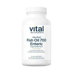 Vital Nutrients Ultra Pure Fish Oil 700 enteric bottle with clear label highlighting EPA and DHA benefits