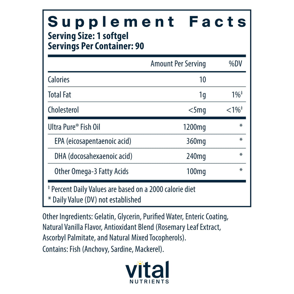 Ultra Pure Fish Oil 700 enteric softgel capsules ready for easy swallowing
