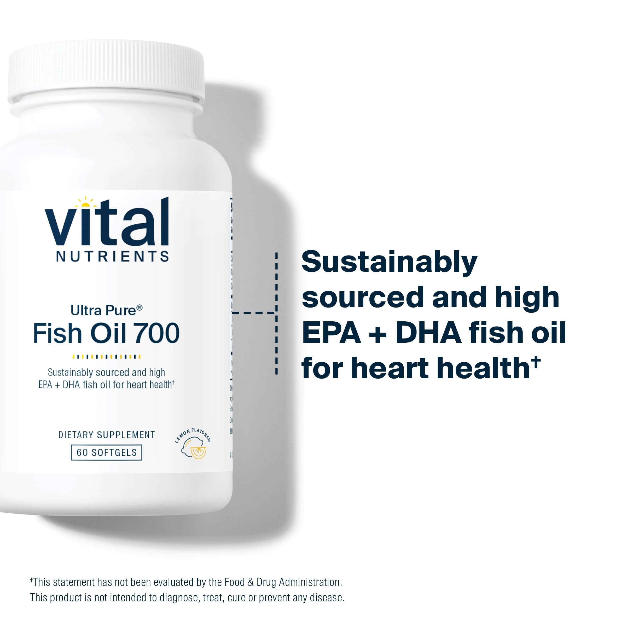 Vital Nutrients Ultra Pure Fish Oil 700 bottle highlighting lemon flavor and taste appeal.