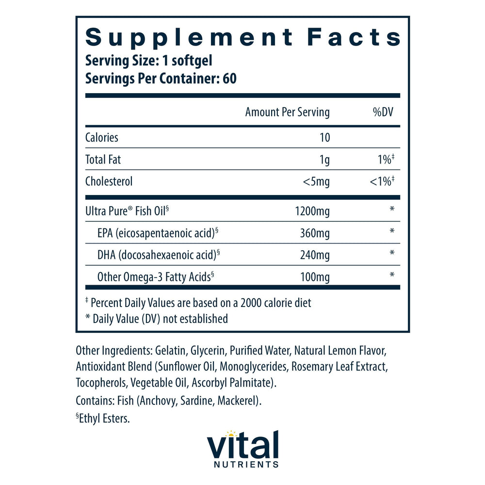 Close-up of Vital Nutrients Ultra Pure Fish Oil 700 softgels for easy daily omega-3 intake.