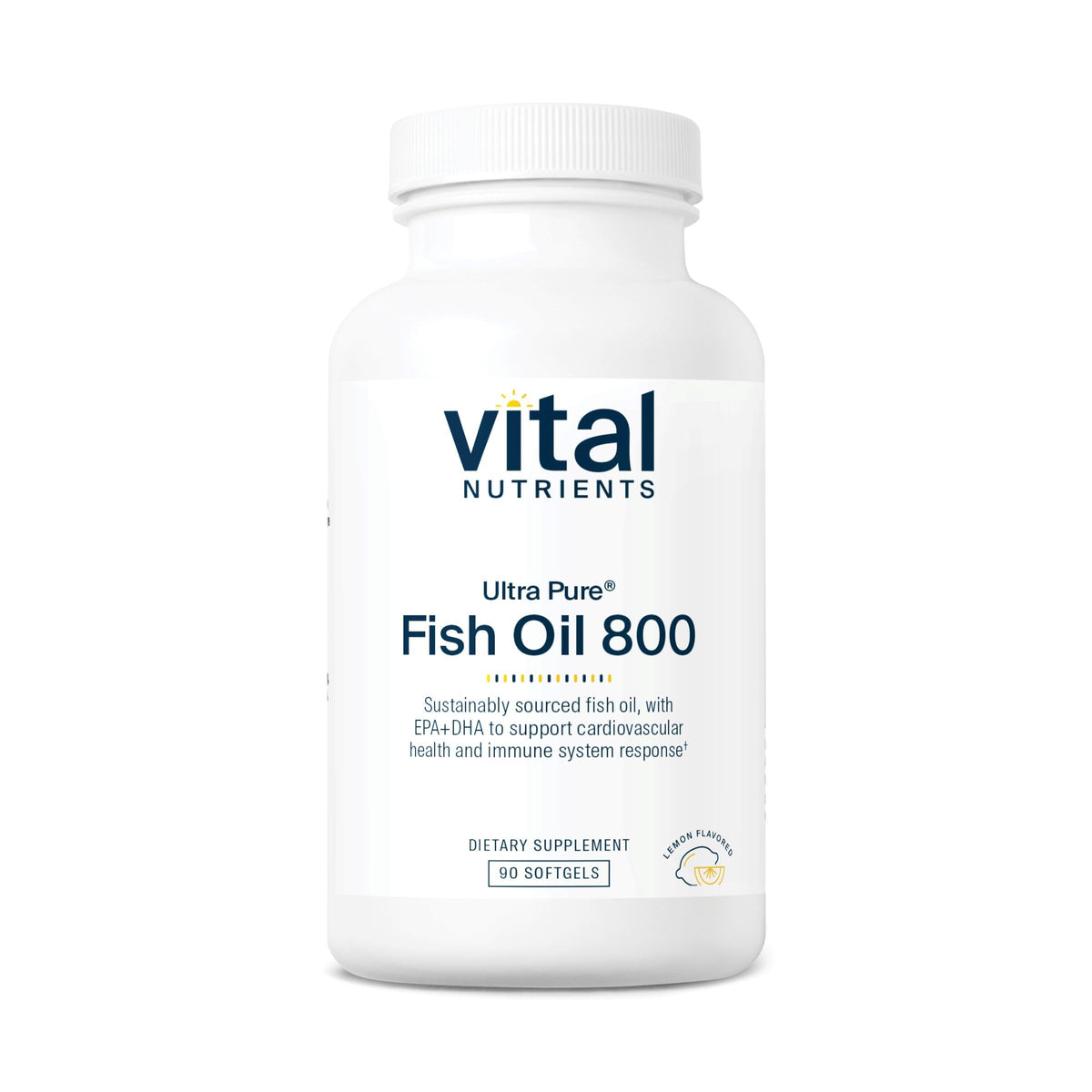 Vital Nutrients Ultra Pure Fish Oil 800 lemon-flavored bottle with fresh citrus taste and omega-3 support