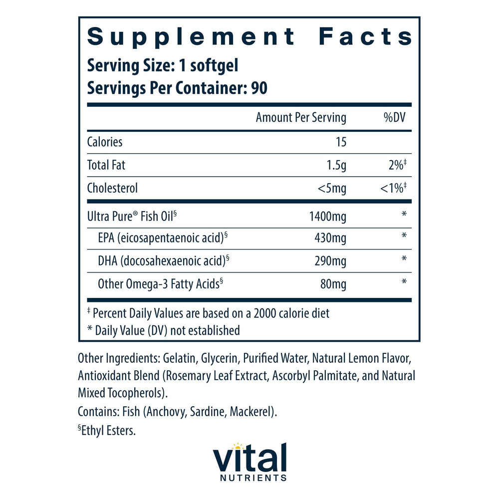 Vital Nutrients Ultra Pure Fish Oil 800 softgels closeup showing smooth coating for easy swallowing