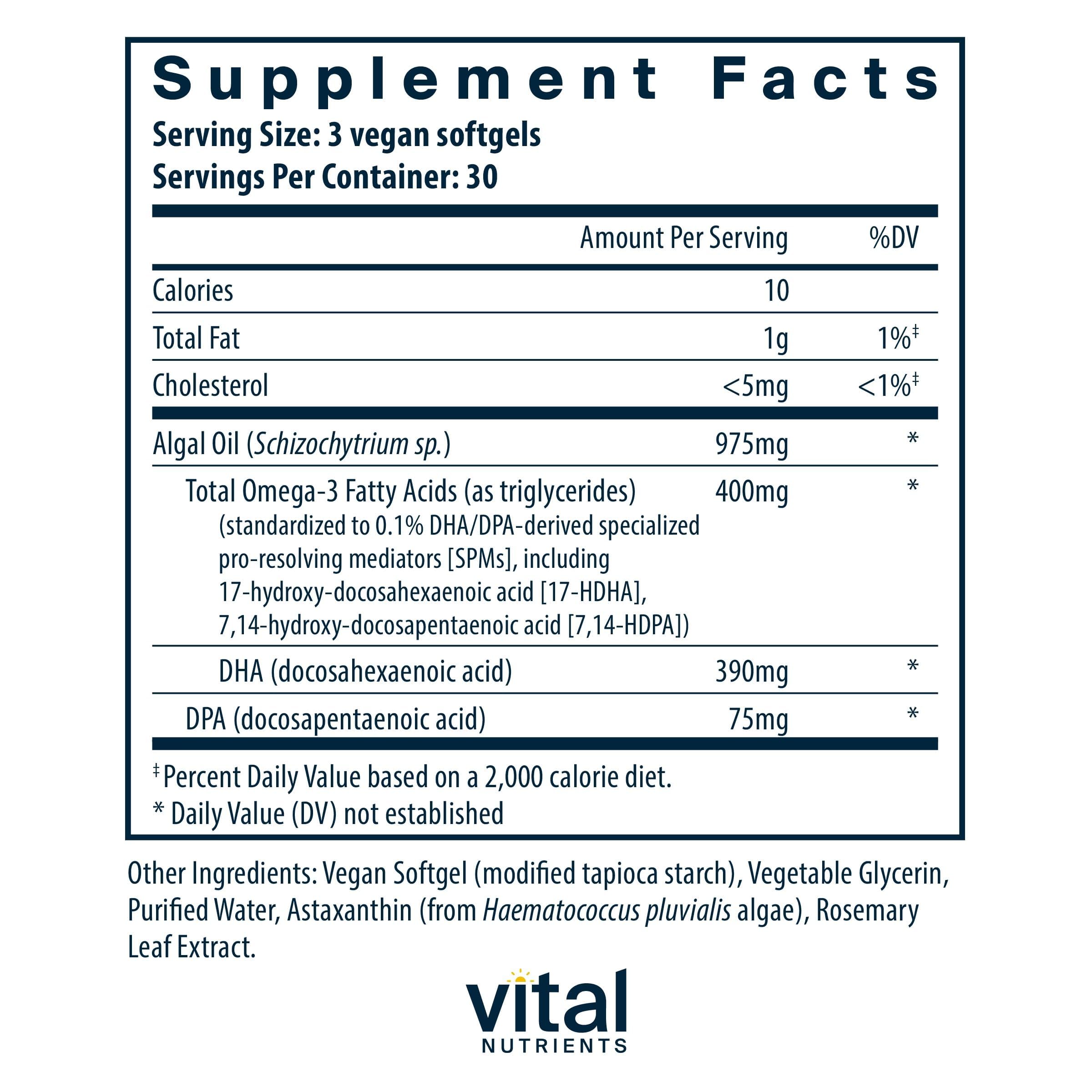 Vital Nutrients Ultra Pure Vegan Omega SPM+ capsules ready for daily vegan omega-3 support.