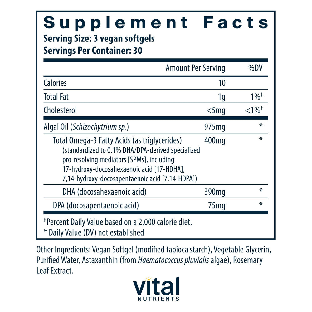 Vital Nutrients Ultra Pure Vegan Omega SPM+ capsules ready for daily vegan omega-3 support.
