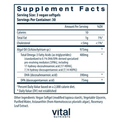 Vital Nutrients Ultra Pure Vegan Omega SPM+ capsules ready for daily vegan omega-3 support.