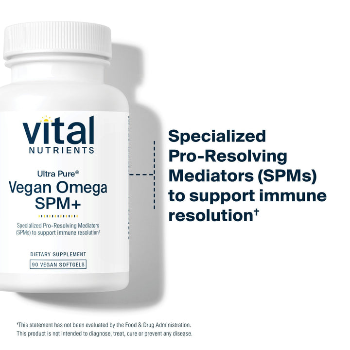 Vital Nutrients Ultra Pure Vegan Omega SPM+ label highlights gluten-free and Non-GMO formula.