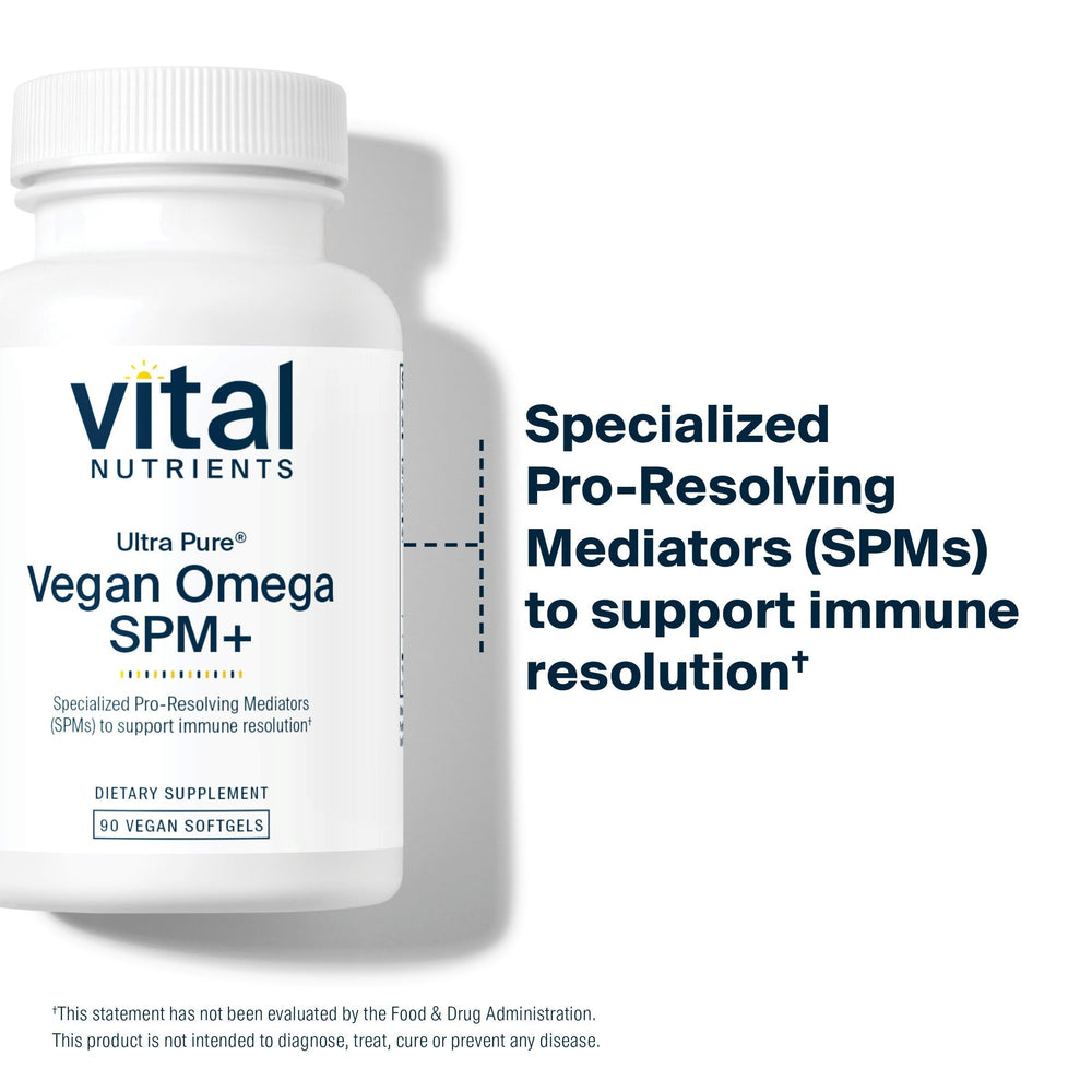 Vital Nutrients Ultra Pure Vegan Omega SPM+ label highlights gluten-free and Non-GMO formula.