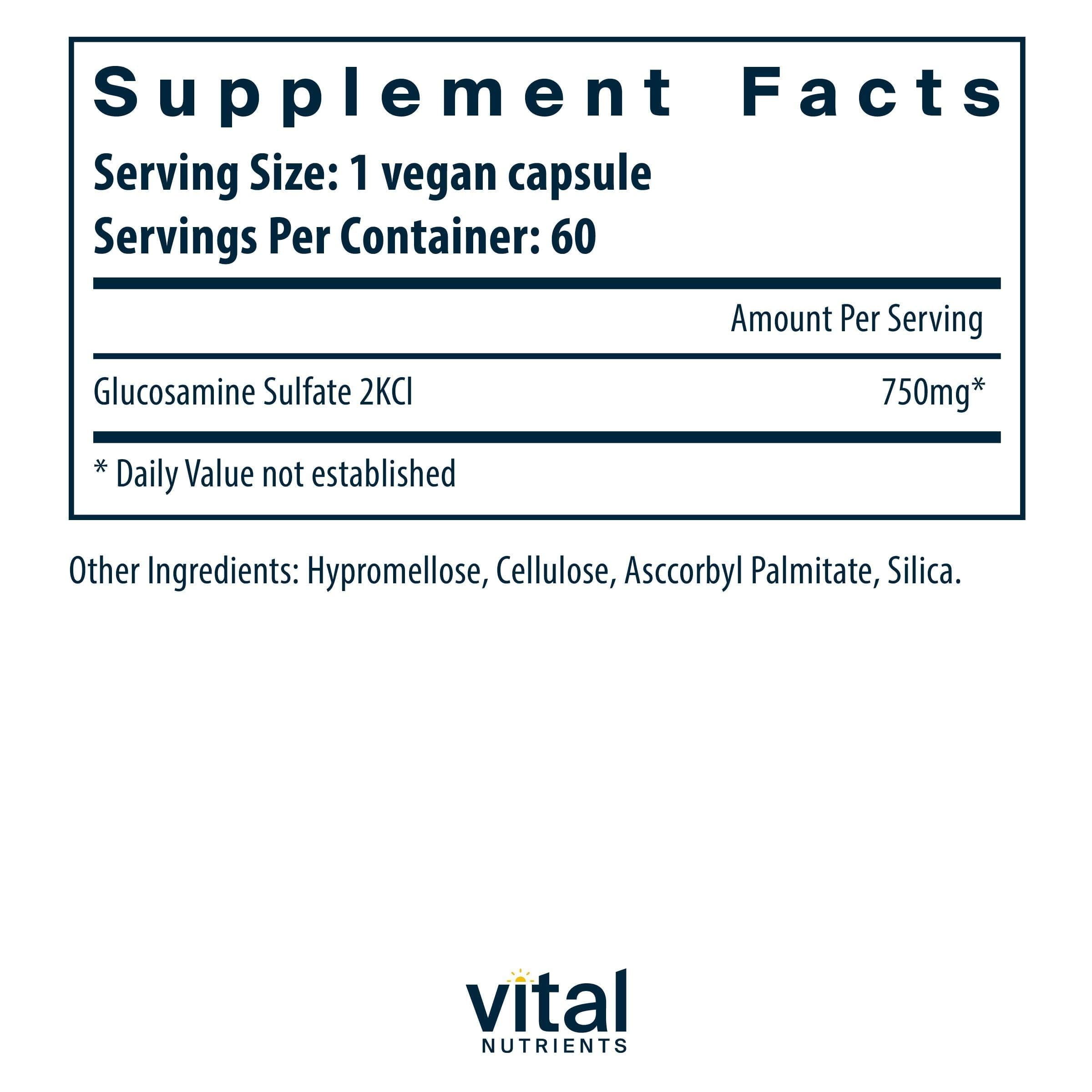 Vital Nutrients vegan glucosamine sulfate 750mg capsules ready for mobility routines