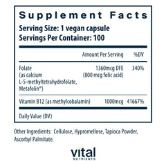 Vital Nutrients vegan methylfolate capsules close-up highlighting premium B vitamins.