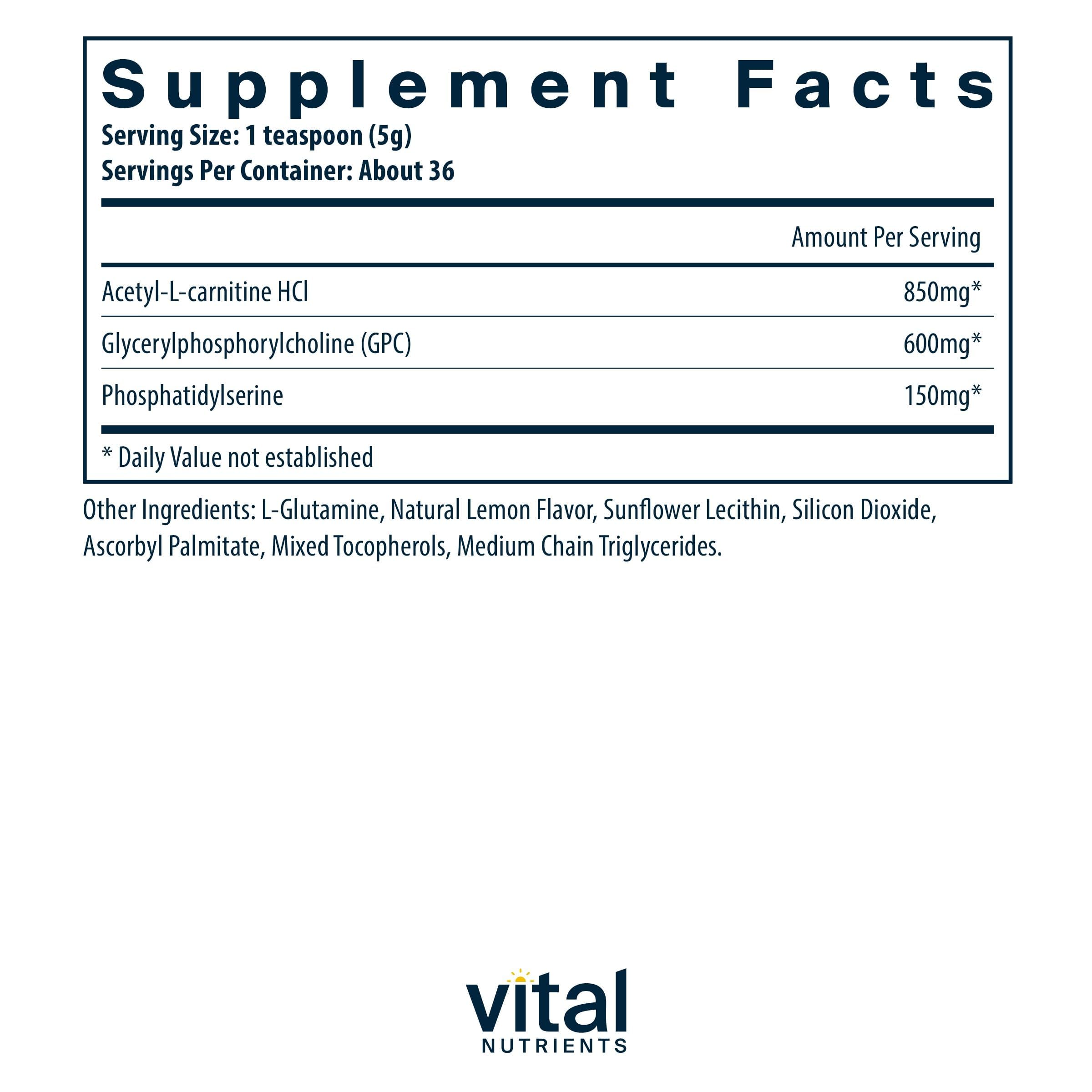 Vital Brain Powder lemon bottle front highlights vegan formula and ingredient integrity
