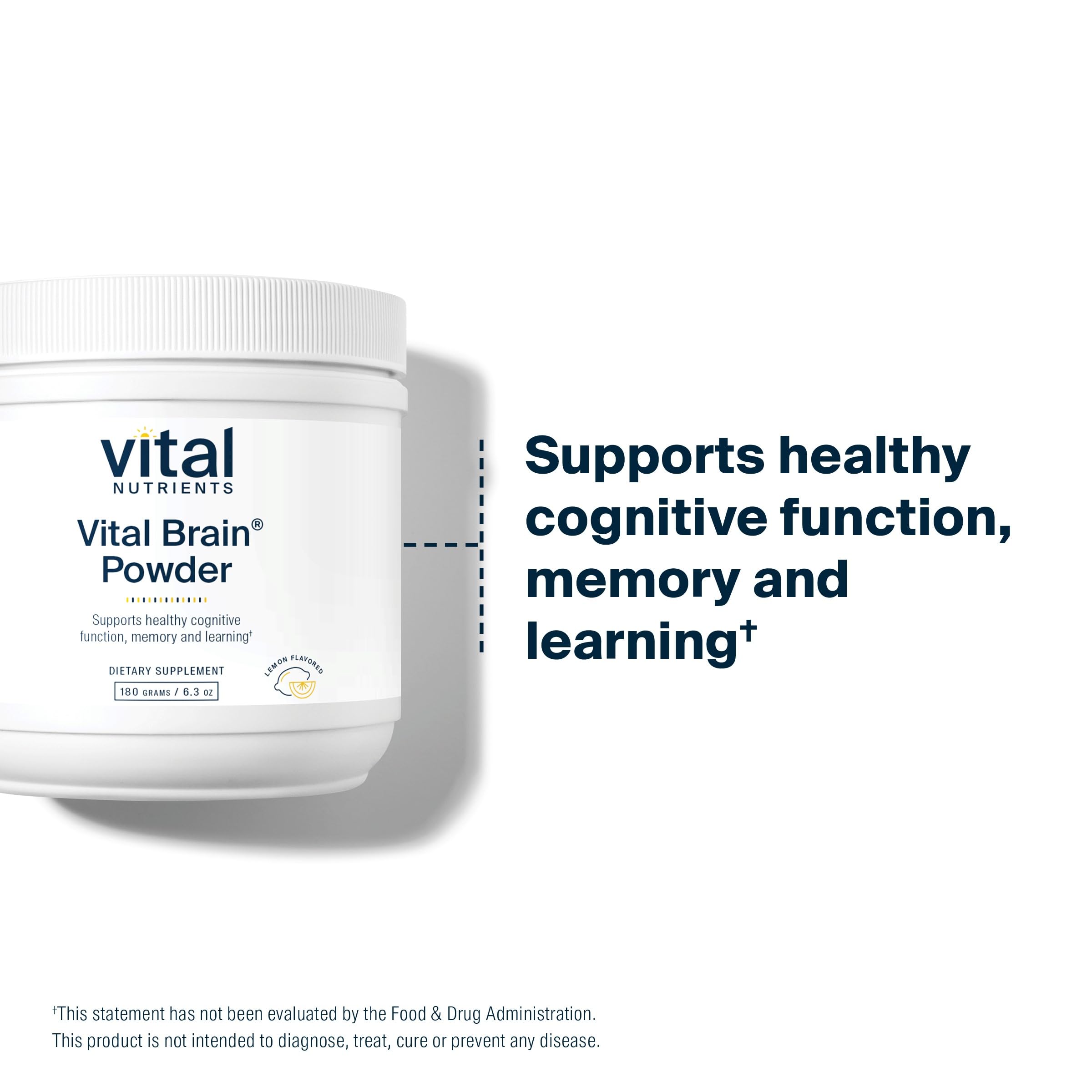 Vital Brain Powder lemon label communicates allergen-free and non-GMO credentials