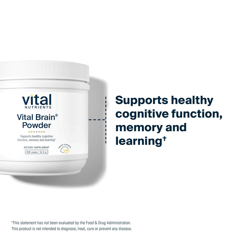 Vital Brain Powder lemon label communicates allergen-free and non-GMO credentials