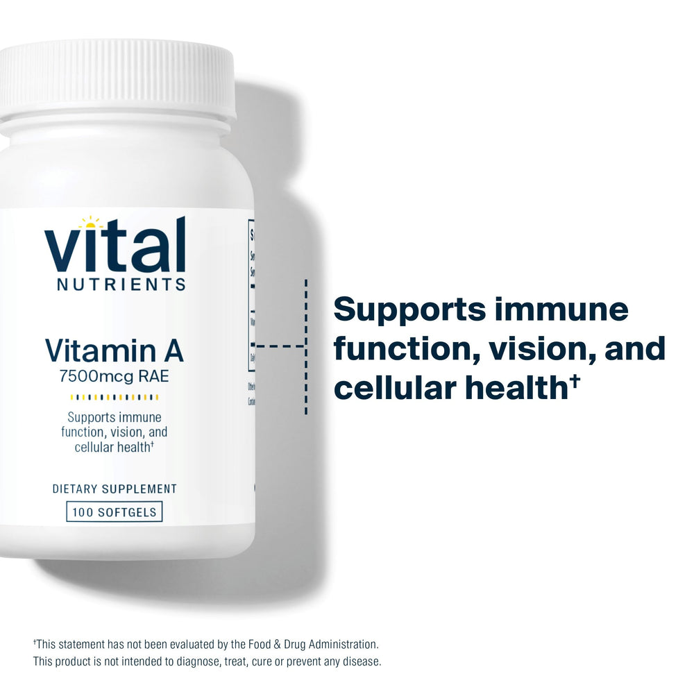 Vital Nutrients Vitamin A 7500mcg bottle emphasizing eye health