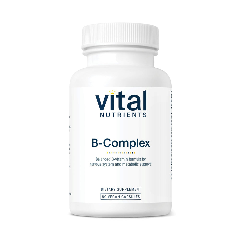 Vital Nutrients Vitamin B-Complex bottle front displays vegan high-potency formula for daily energy support