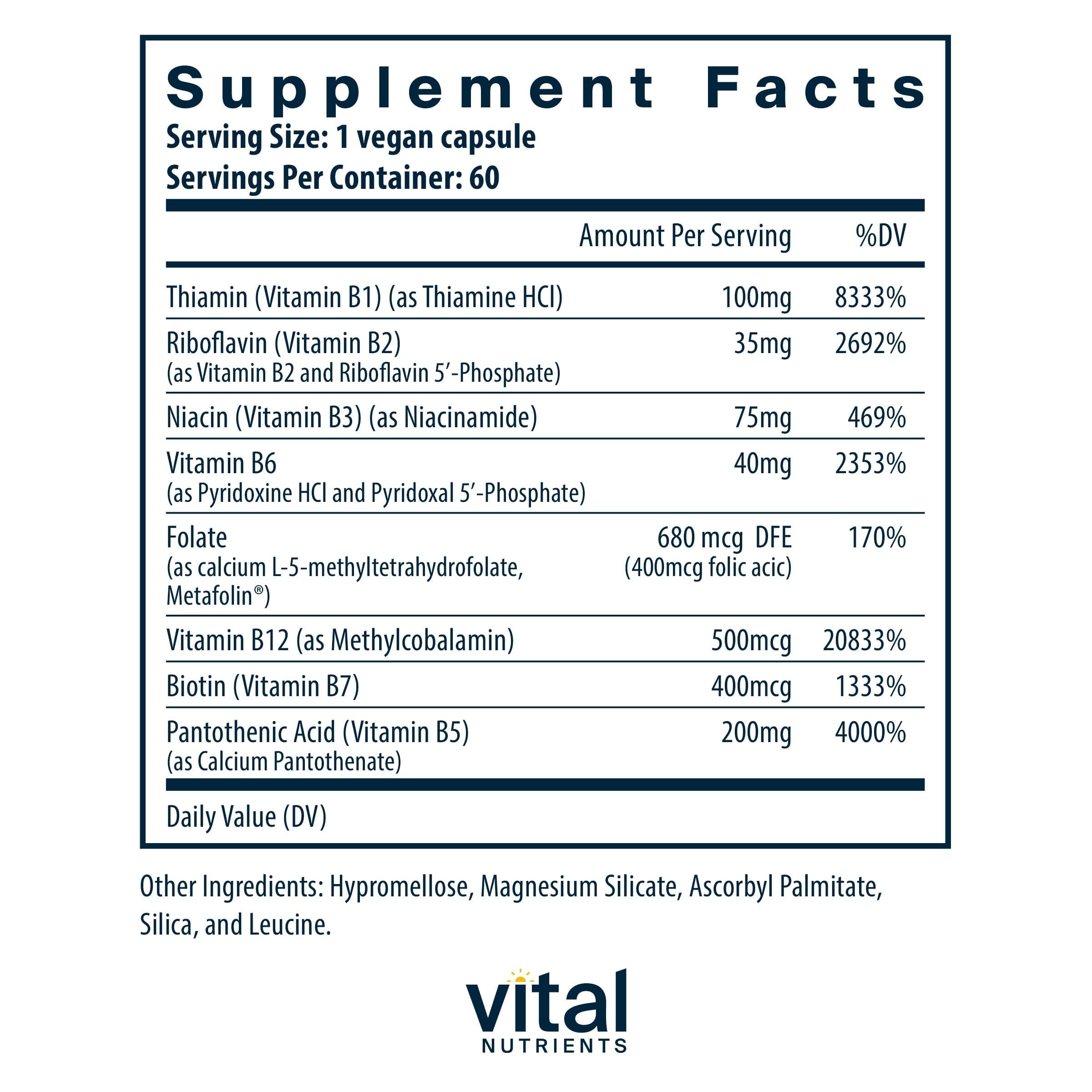 Vital Nutrients Vitamin B-Complex bottle label highlighting methylated B12 and folate for heart health balance