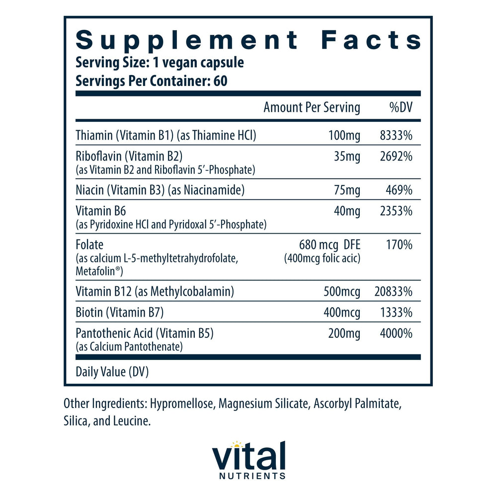 Vital Nutrients Vitamin B-Complex bottle label highlighting methylated B12 and folate for heart health balance