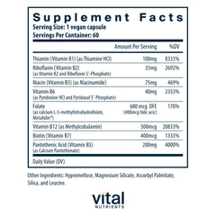 Vital Nutrients Vitamin B-Complex bottle label highlighting methylated B12 and folate for heart health balance
