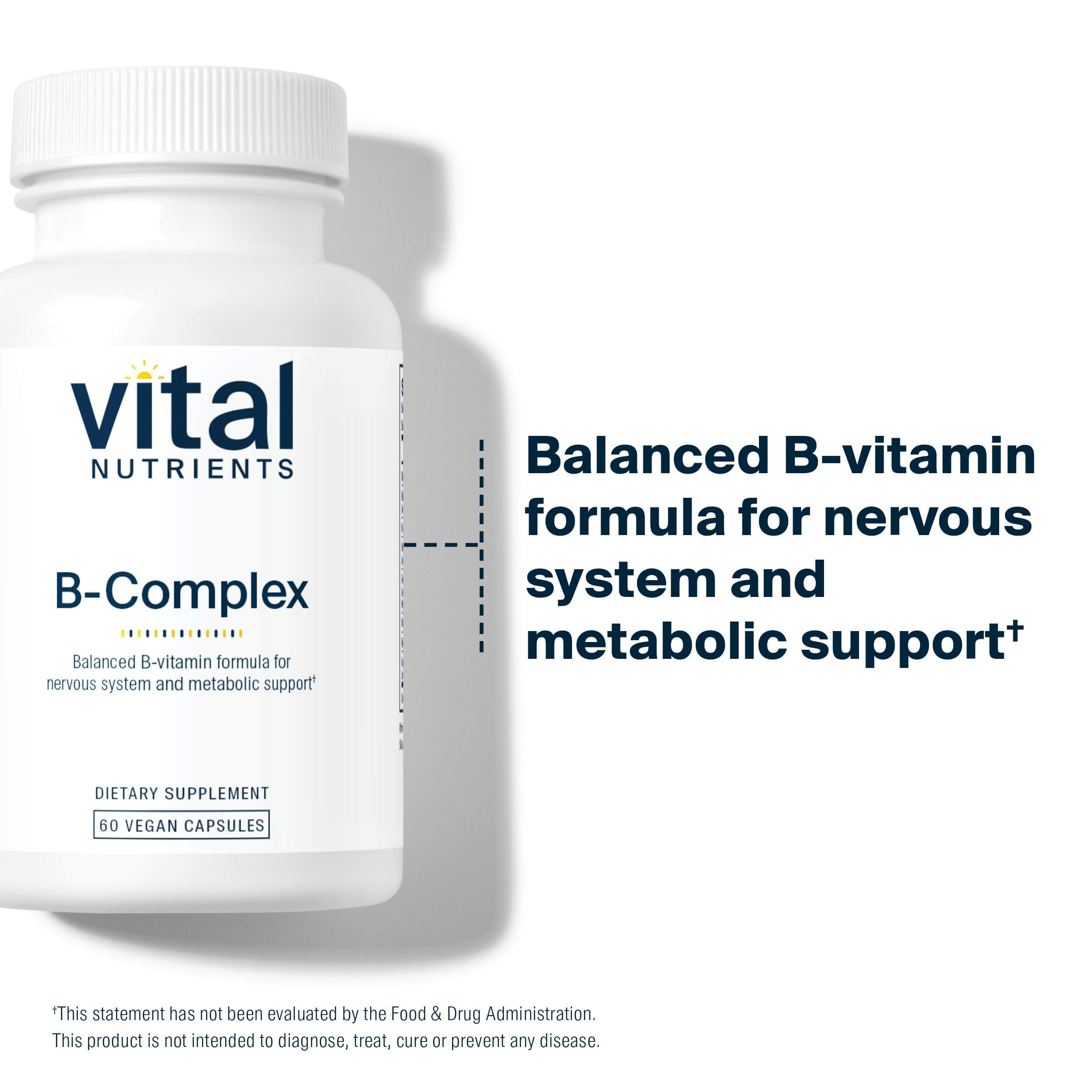 Vital Nutrients Vitamin B-Complex capsules close-up shows easy-to-swallow vegan capsules for daily metabolism