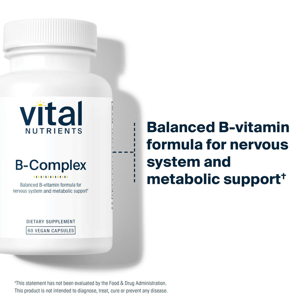 Vital Nutrients Vitamin B-Complex capsules close-up shows easy-to-swallow vegan capsules for daily metabolism