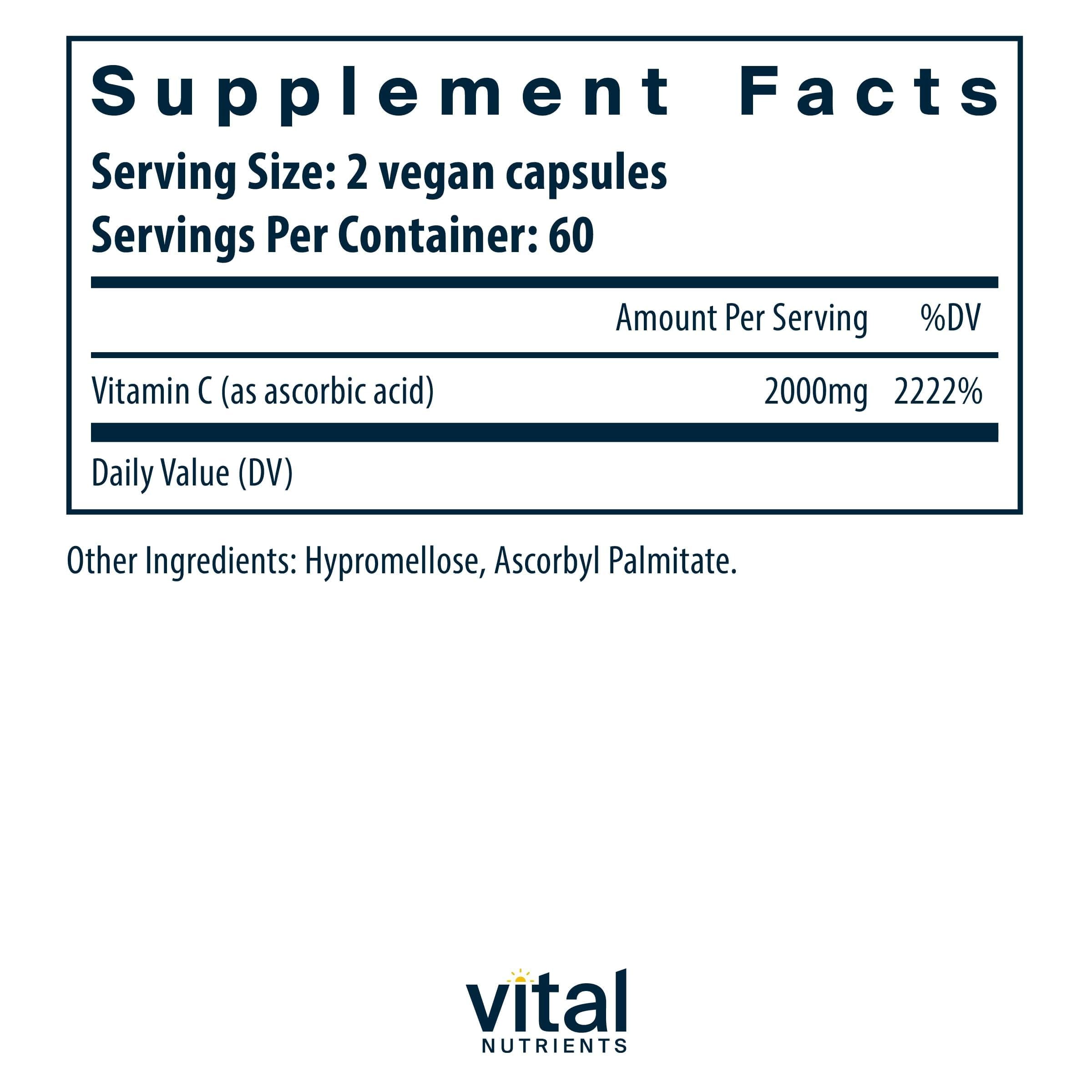 Vital Nutrients Vitamin C 1000mg capsules close-up emphasizing easy daily dosage