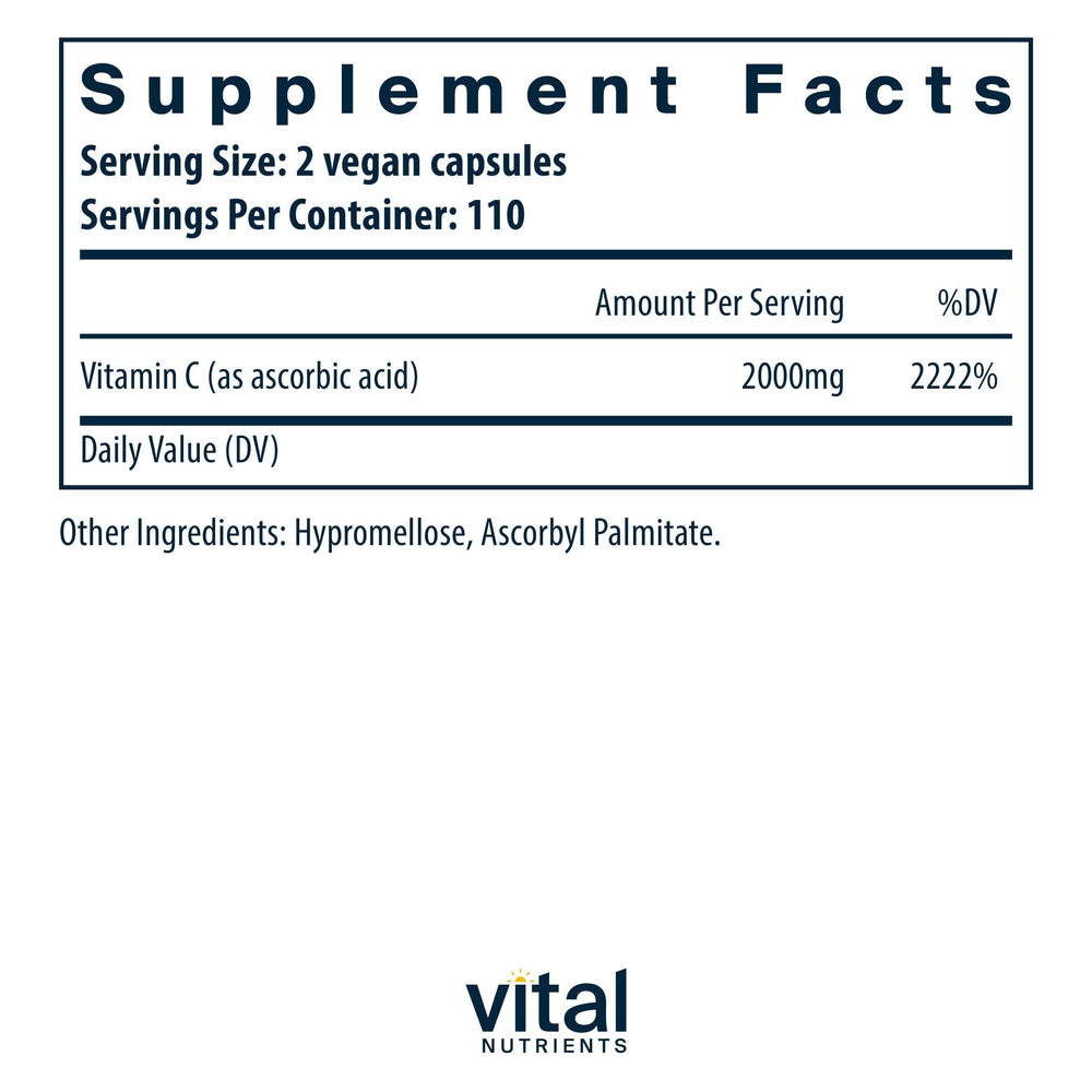 Vital Nutrients Vitamin C label showing pure ascorbic acid content