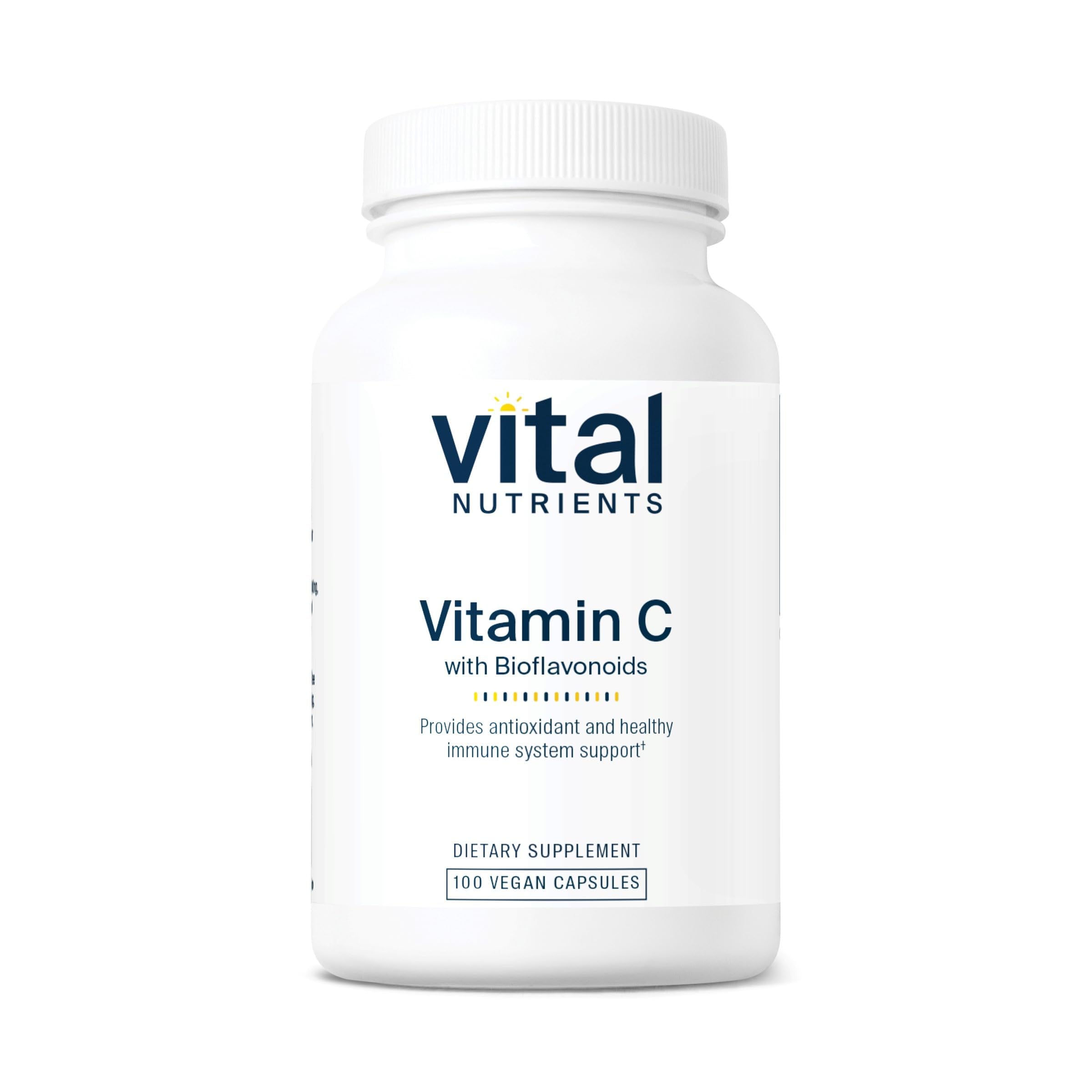Vital Nutrients Vitamin C with Bioflavonoids bottle cap highlights easy dosing and purity.
