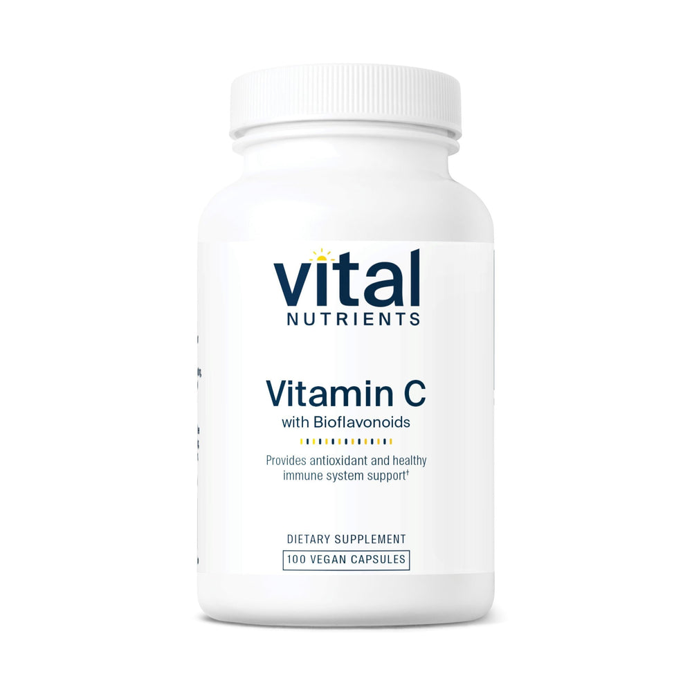 Vital Nutrients Vitamin C with Bioflavonoids bottle cap highlights easy dosing and purity.