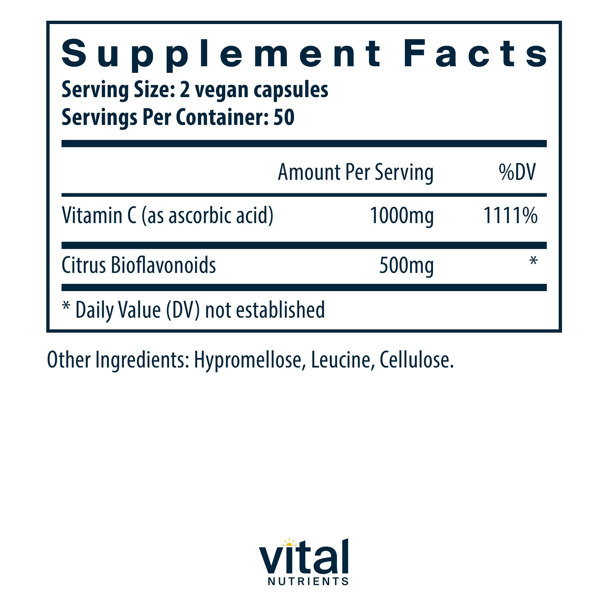 Vital Nutrients Vitamin C with Bioflavonoids bottle label emphasizes vegan, allergen-free formula.