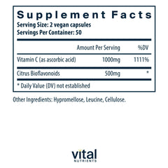 Vital Nutrients Vitamin C with Bioflavonoids bottle label emphasizes vegan, allergen-free formula.