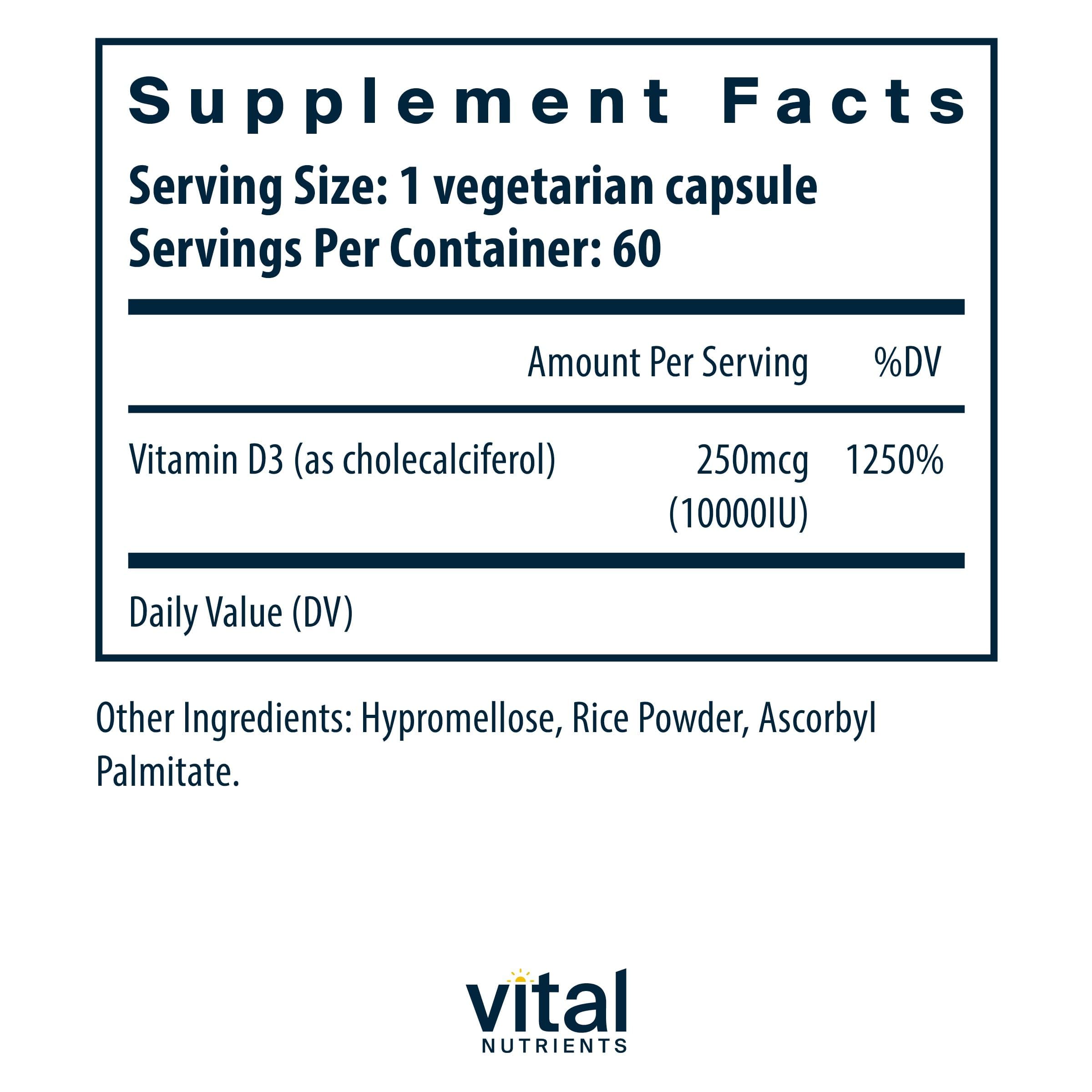 Vital Nutrients Vitamin D3 capsules close-up easy-to-swallow daily wellness.