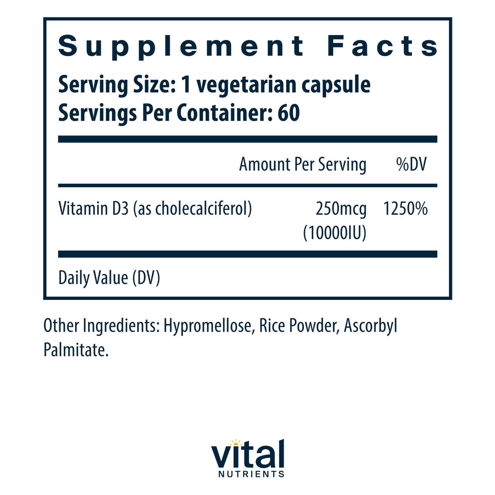 Vital Nutrients Vitamin D3 capsules close-up easy-to-swallow daily wellness.