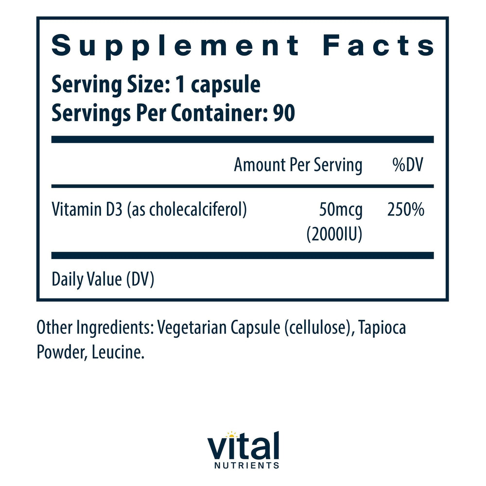 Vital Nutrients Vitamin D3 2000 IU capsule close-up showing cholecalciferol.