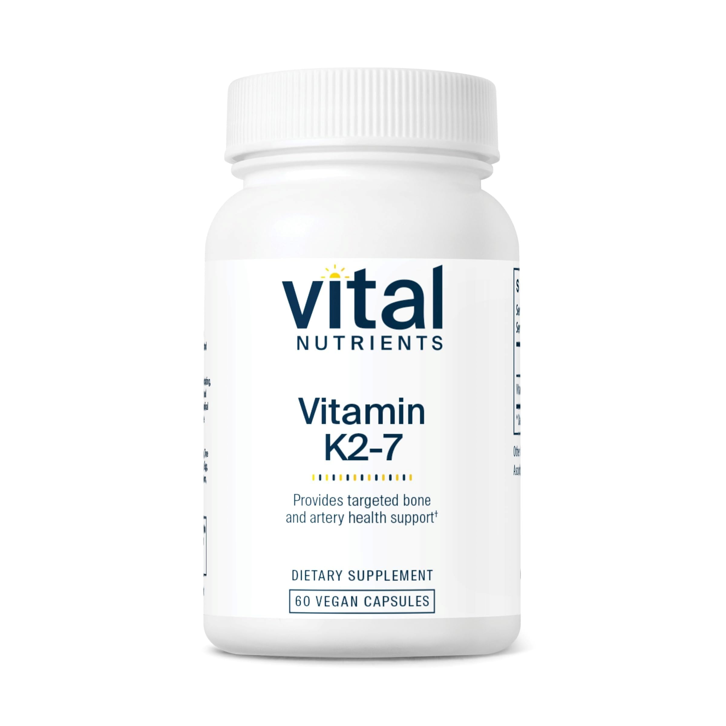 Vital Nutrients Vitamin K2-7 bottle front with vegan, Non-GMO formula for bone and vascular support.