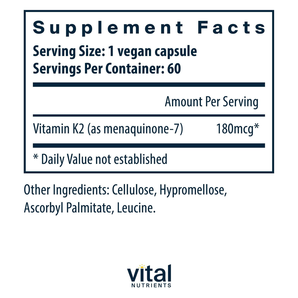 Vital Nutrients Vitamin K2-7 bottle side label highlighting allergen-free ingredients.