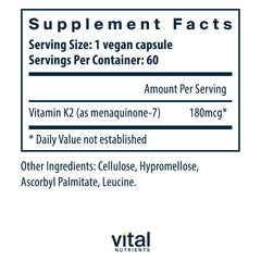 Vital Nutrients Vitamin K2-7 bottle side label highlighting allergen-free ingredients.