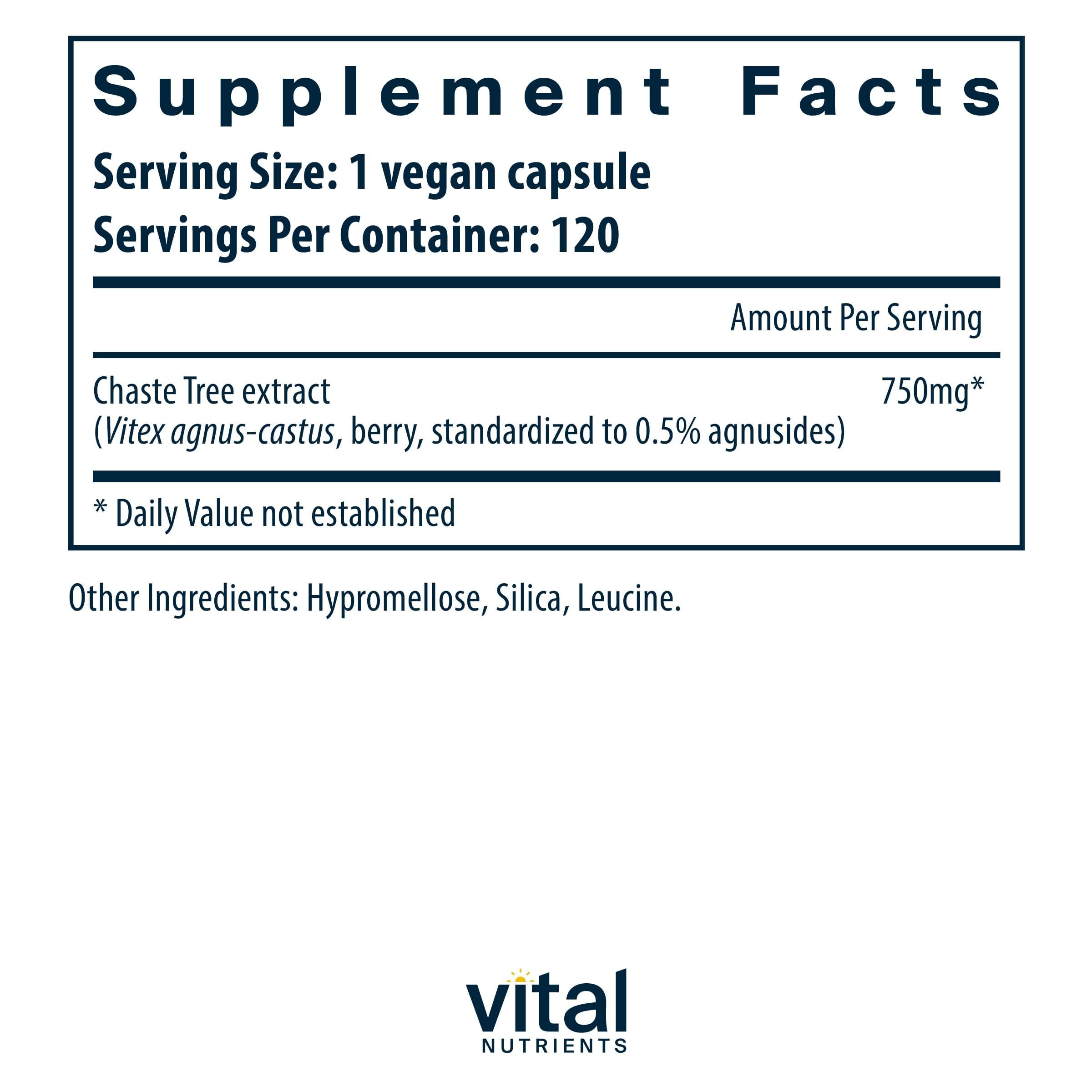 Vital Nutrients Vitex 750 bottle back label with allergen-free details