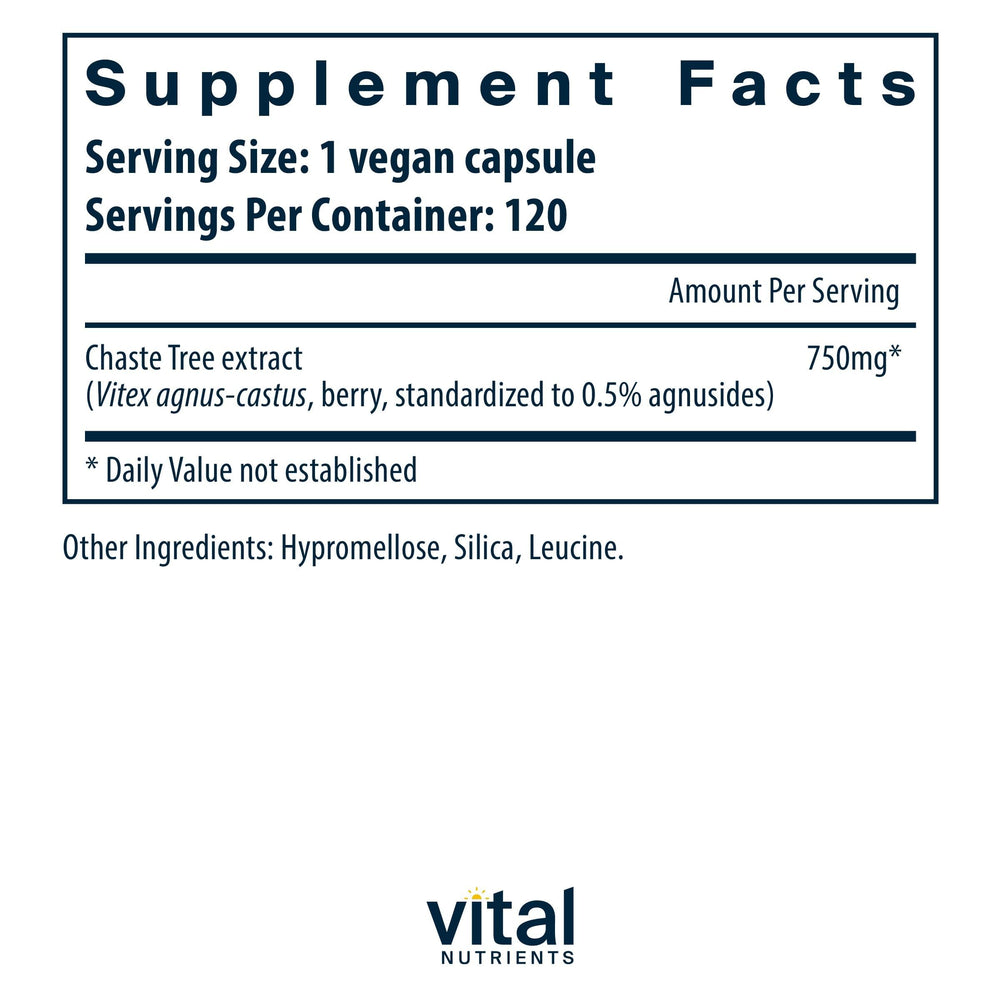 Vital Nutrients Vitex 750 bottle back label with allergen-free details