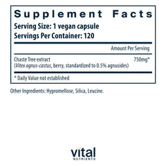 Vital Nutrients Vitex 750 bottle back label with allergen-free details