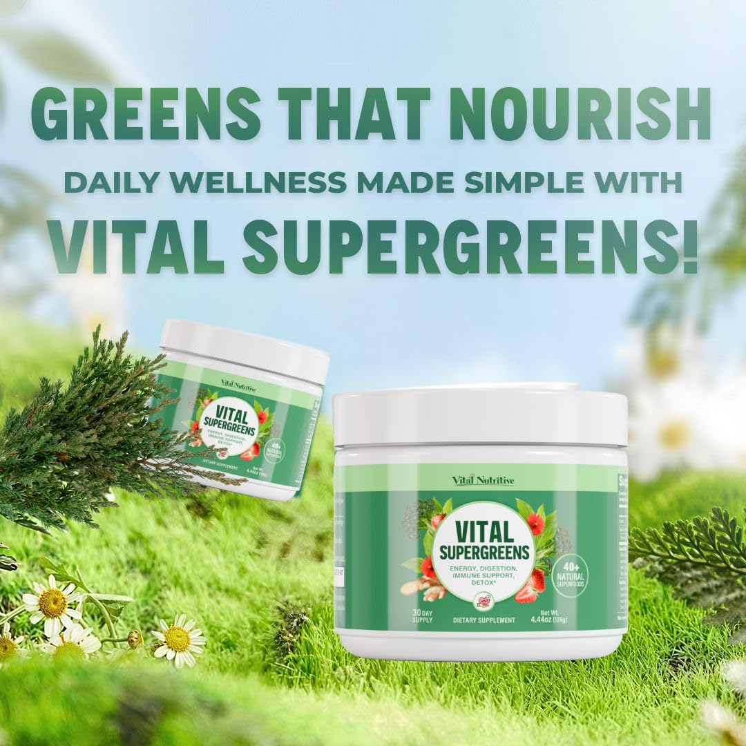 Vital Greens packaging front shows plant-based, gluten-free daily greens routine