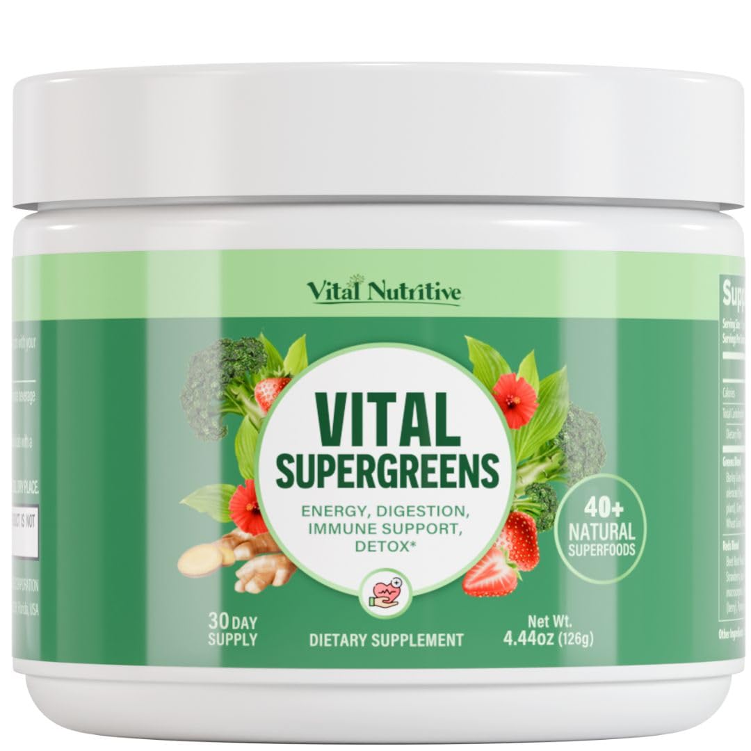 Vital Greens powder scoop reveals 40+ superfoods for daily energy and nourishment