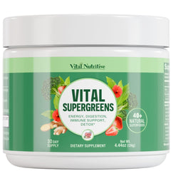 Vital Greens powder scoop reveals 40+ superfoods for daily energy and nourishment