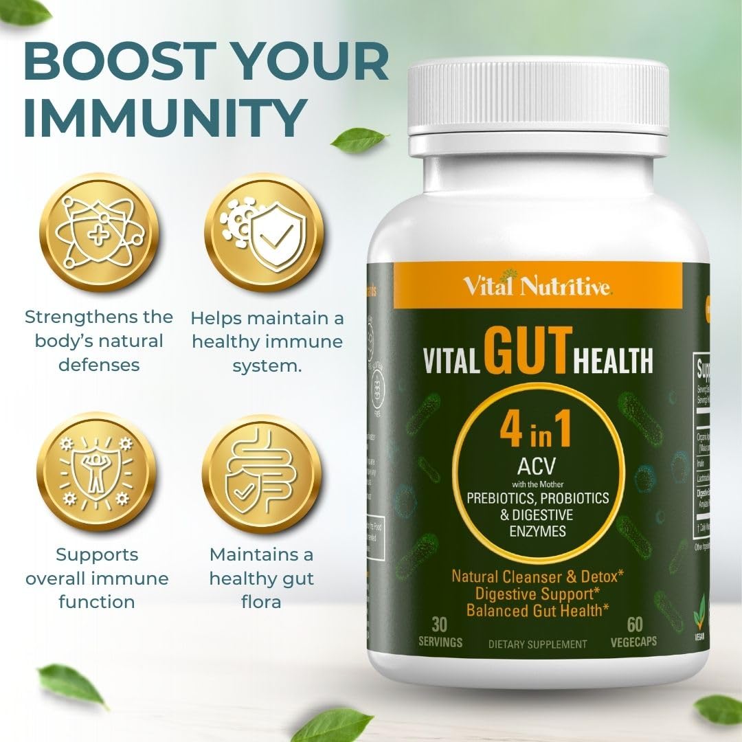 Vital Nutritive Vital Gut Health acv-liquid bottle close-up highlights tangy apple cider vinegar.