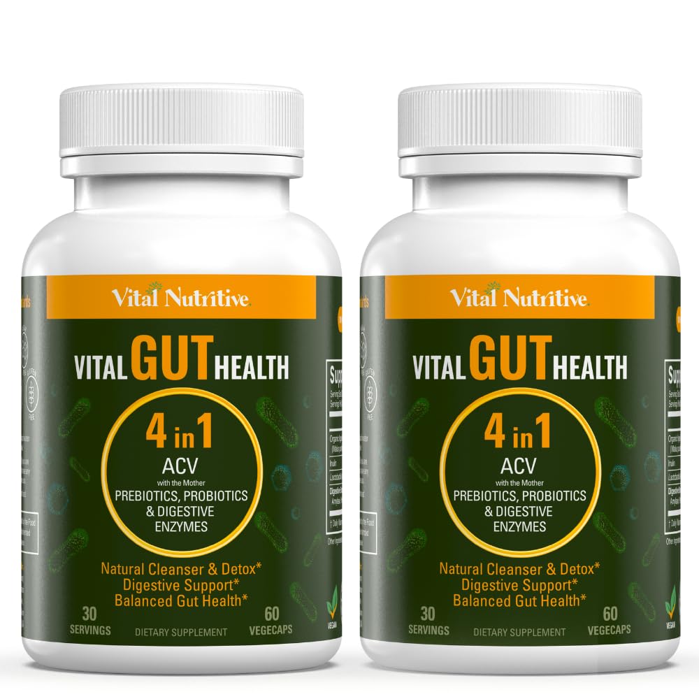 Vital Nutritive Vital Gut Health bottle-front shows 4-in-1 formula for daily digestion support.
