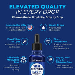 Vital Methylene Blue Drops glass bottle showing protective blue glass packaging