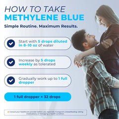 Vital Methylene Blue Drops label close-up highlighting vegan, non-GMO, alcohol-free formula
